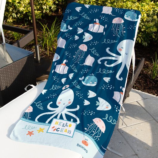 Serviette De Plage Bonjour Ocean Octopus et Poisson Nautique Blue Kid