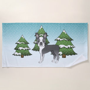 Serviette De Plage Boston Terrier bleu dans une forêt hivernale