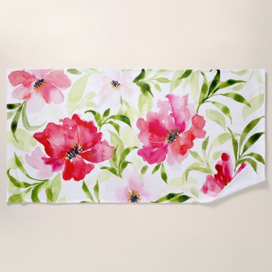 Serviette De Plage Botanique tropicale rouge rose (Devant)