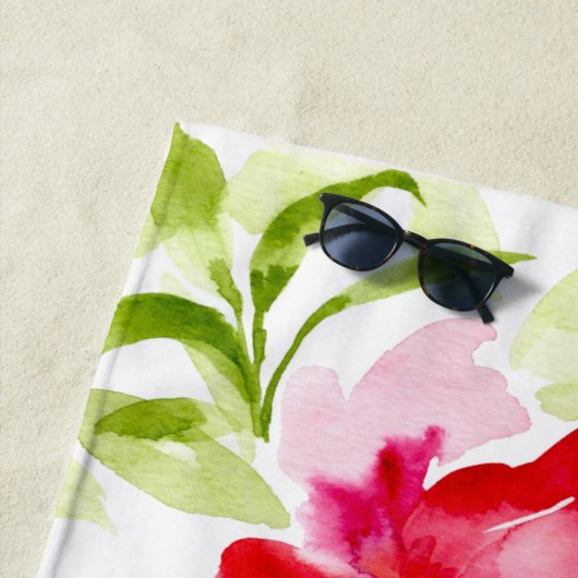 Serviette De Plage Botanique tropicale rouge rose (En situation)