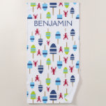 Serviette De Plage Bouée de homard rouge nautique Maison de plage per<br><div class="desc">La serviette de plage parfaite pour tous vos loisirs d'été et la plage côtière maison des salles de bain. Le design comprend votre nom ou le texte personnalisé mis contre un homard rouge et un motif coloré de bouée de homard. Idéal pour le lac, l'océan, la navigation de plaisance, le...</div>