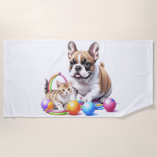 Serviette De Plage Bouledogue français French Bulldog avec chat
