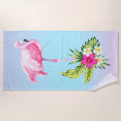 Serviette De Plage Bouquet de fleurs tropicales et Flamant rose rose (Devant)