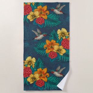 Serviette De Plage Bouquet et colibris tropicaux