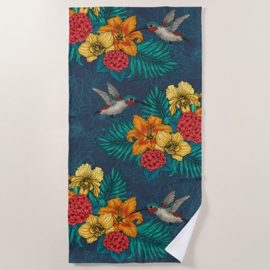 Serviette De Plage Bouquet et colibris tropicaux (Devant)