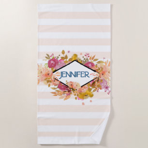 Serviette De Plage Bouquet floral orange et rose avec cadre diamant
