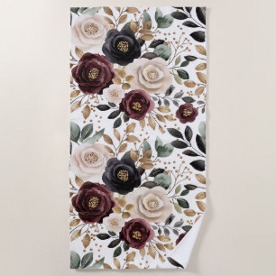 Serviette De Plage Bourgogne Crème Floral Noir