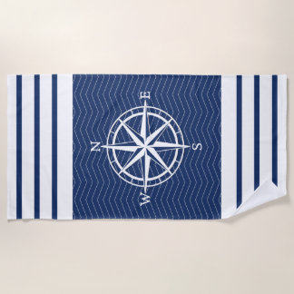 Serviette De Plage Boussole en bleu avec bandes blanches