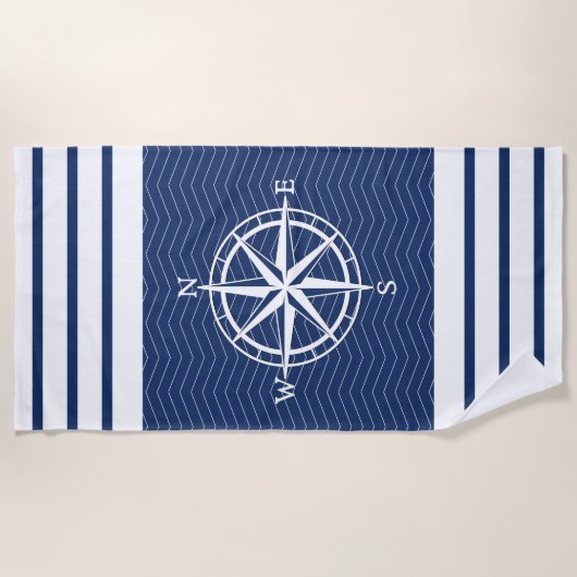Serviette De Plage Boussole en bleu avec bandes blanches (Devant)