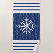 Serviette De Plage Boussole en bleu avec bandes blanches (Devant)