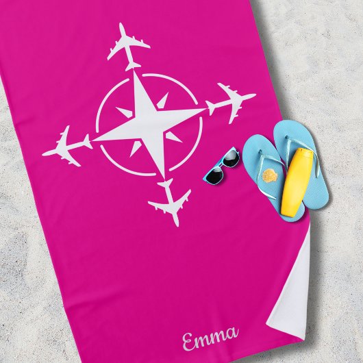 Serviette De Plage Boussole simple moderne et avion, coutume de voyag