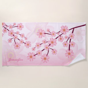 Serviette De Plage Branches Florales En Fleur De Sakura Rose Avec Nom