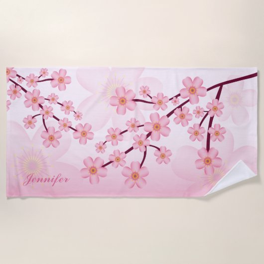Serviette De Plage Branches Florales En Fleur De Sakura Rose Avec Nom (Devant)