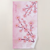 Serviette De Plage Branches Florales En Fleur De Sakura Rose Avec Nom (Devant)