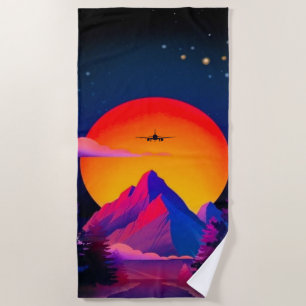 Serviette De Plage Bright Neon Mountains Sunrise Avion