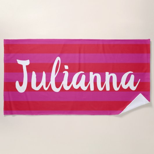 Serviette De Plage Bright rose rouge vif Grandes bandes personnalisée (Devant)
