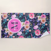 Serviette De Plage Broderie initiale fleurie boho rose et marine au l (Devant)