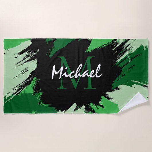 Serviette De Plage Brosse nuances de nom vert avec monogramme (Devant)