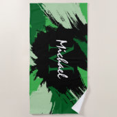 Serviette De Plage Brosse nuances de nom vert avec monogramme (Devant)