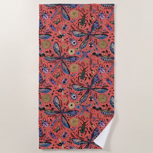 Serviette De Plage Bugs de Doodle sur corail rouge (Devant)