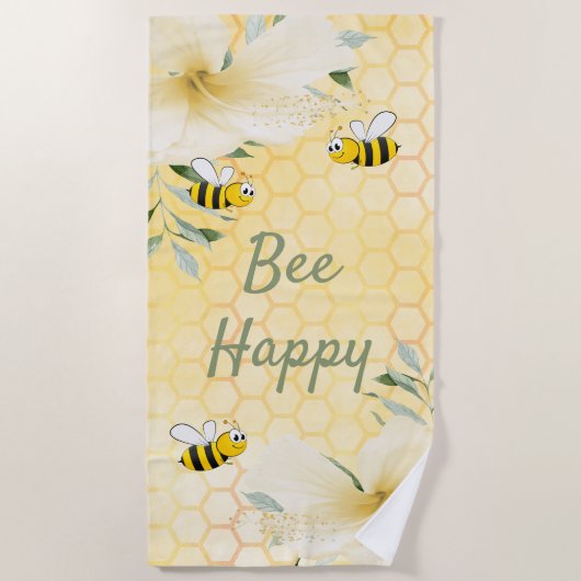 Serviette De Plage Bumble abeilles jaunes fleurs abeilles heureux (Devant)