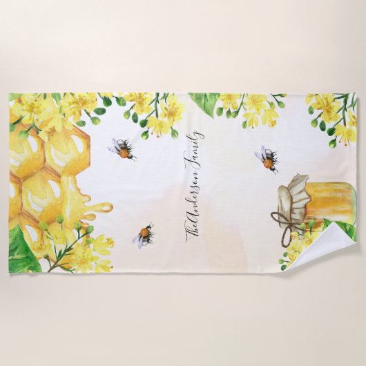 Serviette De Plage Bumble abeilles miel fleurons jaunes monogramme (Devant)