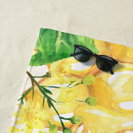 Serviette De Plage Bumble abeilles miel fleurons jaunes monogramme (En situation)