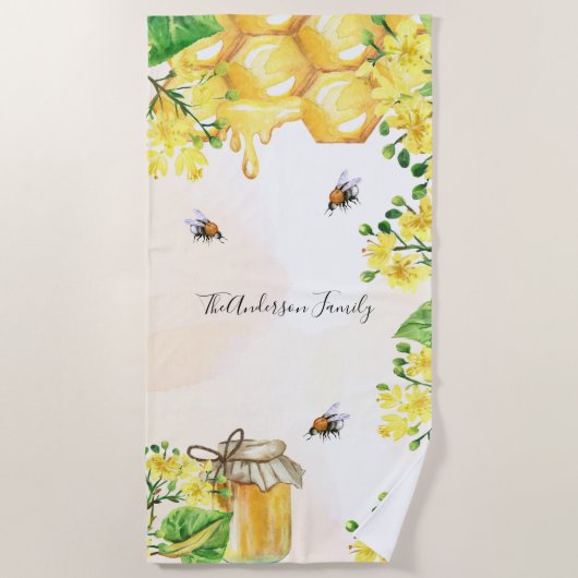 Serviette De Plage Bumble abeilles miel fleurons jaunes monogramme (Devant)