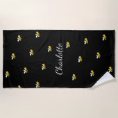Serviette De Plage Bumble abeilles noir monogramme nom script (Devant)