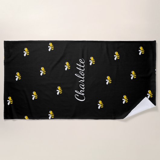 Serviette De Plage Bumble abeilles noir monogramme nom script (Devant)