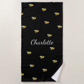 Serviette De Plage Bumble abeilles noir monogramme nom script (Devant)