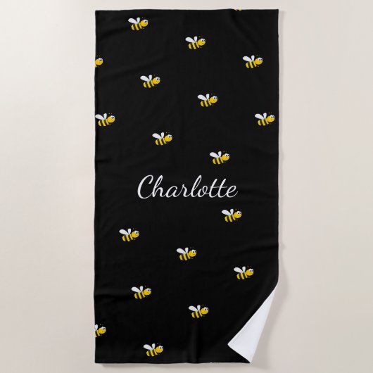 Serviette De Plage Bumble abeilles noir monogramme nom script (Devant)