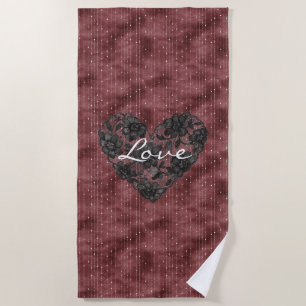 Serviette De Plage Burgundy Rayures Faux Lac Floral Coeur Noir