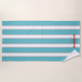Serviette De Plage Cabana Stripe Monogramme en bleu turquoise (Devant)