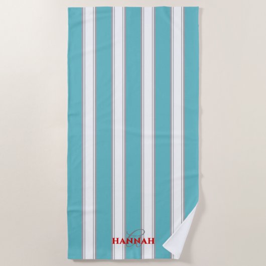 Serviette De Plage Cabana Stripe Monogramme en bleu turquoise (Devant)