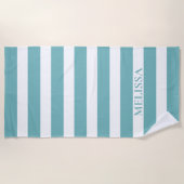 Serviette De Plage Cabane Nom Rayé Turquoise Et Blanc Rayure (Devant)