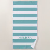 Serviette De Plage Cabane Nom Rayé Turquoise Et Blanc Rayure (Devant)