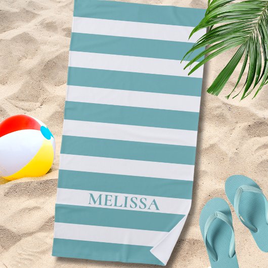 Serviette De Plage Cabane Nom Rayé Turquoise Et Blanc Rayure