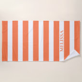 Serviette De Plage Cabane rayée nom rayé corail et blanc (Devant)