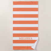 Serviette De Plage Cabane rayée nom rayé corail et blanc (Devant)