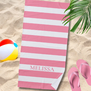 Serviette De Plage Cabane rayée nom rayé rose et blanc