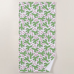 Serviette De Plage Cactus illustré et motif de fleurs rose