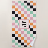 Serviette De Plage Cadeau de plage à monogramme à damier rétro (Devant)