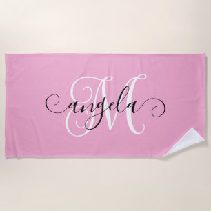 Serviette De Plage Calligraphie Féminine Monogramme Rose Clair