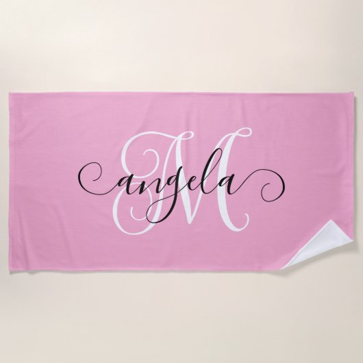 Serviette De Plage Calligraphie Féminine Monogramme Rose Clair (Devant)