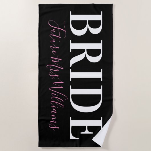 Serviette De Plage Calligraphie Future Mme Nom Mariée Rose Noir (Devant)