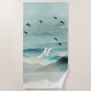 Serviette De Plage Calme Nature Aquarelle Montagne Scène Monogramme