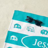 Serviette De Plage Camping retro personnalisé amusant en Aqua et blan (En situation)