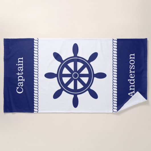 Serviette De Plage Captain's Wheel Nautical Rope Ajouter un nom (Devant)