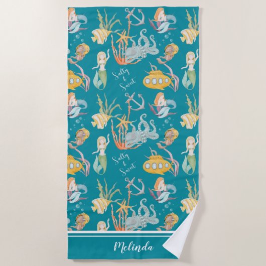 Serviette De Plage Caractères océaniques de sirène salée et douce (Devant)